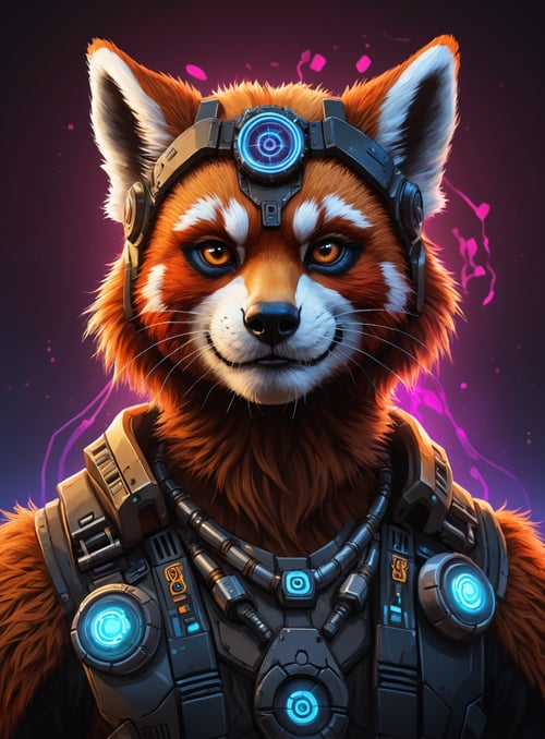 (cyberpunk viking red panda with robotic parts epic background glowing runes), anthropomorphic, beautiful, borderlands 3 psycho portrait, colourful vector, graphic novel, grunge