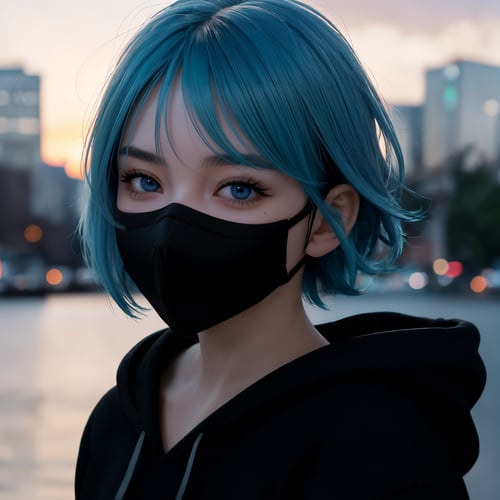 centered, face photography, (frontal view, looking at front, facing viewer:1.2), | adult woman, woman, solo, aqua hair color, short hairstyle, light blue eyes, | (black mouth mask:1.2), dark blue hoodie, | city lights, sunset, buildings, urban scenery, | bokeh, depth of field, | hyperealistic, analog, realism