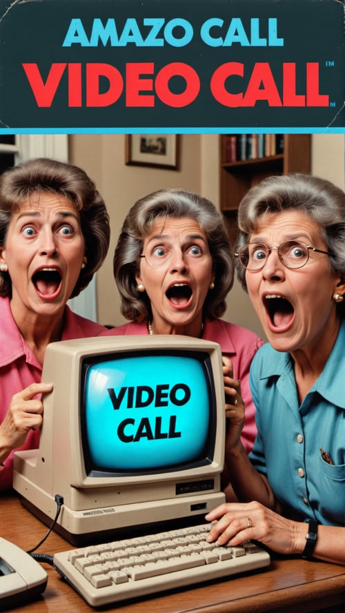 old people reacting in amazement to video phone call on old home computer from 1980s with text that says "video call"