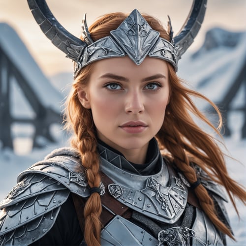 Epic Closeup photo of an Valkyrie In an ice landscape wearing nordic clothes , bifröst bridge in background, high quality photography, 3 point lighting, flash with softbox, 4k, Canon EOS R3, hdr, smooth, sharp focus, high resolution, award winning photo, 80mm, f2.8, bokeh