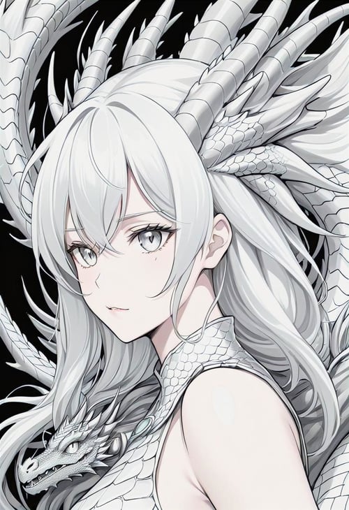 coloring drawing of a beautiful silver-white biometric dragon, manga, (lineart), (monochrome), black and white, (colorless), lineart,