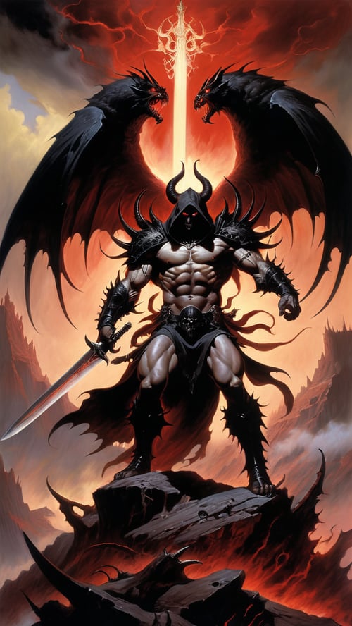Imagine an ultra-detailed oil painting that thrusts you into the heart of a surreal, dark fantasy dreamscape, masterfully rendered in the iconic style of Frank Frazetta. At the center of this apocalyptic hellscape stands a formidable, muscular figure, shrouded in a dark hood, with enormous black wings unfurled menacingly. His demonic plate armor, intricately designed and exuding malevolence, catches the faint, eerie light. His face, a dark void shrouded in shadow, is featureless except for two fiery red eyes that burn with an infernal intensity. He is engaged in a ferocious battle against a horde of demonic beasts that swarm in from all sides. Each beast, a grotesque amalgamation of nightmare and flesh, falls before the sweeping arcs of his massive, gleaming sword, wielded with a master's precision. In the background, jagged mountains rise ominously, silhouetted against a tempestuous, roiling sky. The ground is a macabre tapestry of decapitated demons, scattered skulls, and winding rivers of blood, completing this nightmarish vista with a visceral sense of dread and awe.