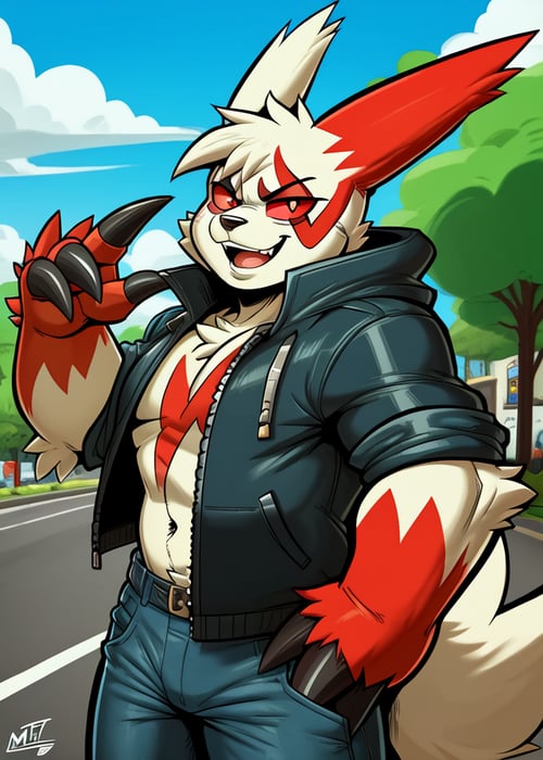 by Ceehaz, by Mrt0Ony, vectror art, (zangoose:1.25), red sclera, black claws, fluffy tail, jacket, short jeans, three-quarter view, three-quarter portrait, open mouth, looking at viewer, BREAK, street, cloud, summer day, tree, masterpiece, best quality, 4k, 2k, high detail, absurd res