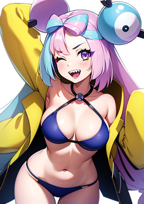 <lora:Iono:0.8>, iono, 1girl, solo, long hair, breasts, looking at viewer, blush, smile, open mouth, bangs, simple background, hair ornament, white background, navel, cleavage, medium breasts, very long hair, purple eyes, collarbone, jacket, swimsuit, pink hair, purple hair, bikini, multicolored hair, one eye closed, open clothes, teeth, two-tone hair, sleeves past wrists, halterneck, thigh gap, ;d, sharp teeth, blue bikini, sleeves past fingers, yellow jacket, bow-shaped hair, character hair ornament
