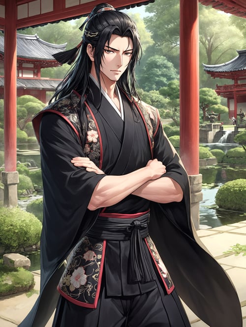 (anime style), (masterpiece), highres, (extremely detailed and beautiful background), ((Ultra-precise depiction)), ((Ultra-detailed depiction)), (professional lighting), (male focus), A man serving within the Heian-era imperial court, possessing a strikingly handsome and refined countenance coupled with a penetrating gaze. His exceptional talent in waka poetry and martial arts has captivated numerous women, drawing them to his charisma. While he carries ambitions, he tactfully conceals his passions, keeping them veiled within, long hair, black hair, (black theme), (embroidered vest:1.1 (over linen shirt)), ((shorts under skirt:1.1)), (thigh boots), Stately medieval manor surrounded by manicured gardens and a tranquil moat, crossed arms