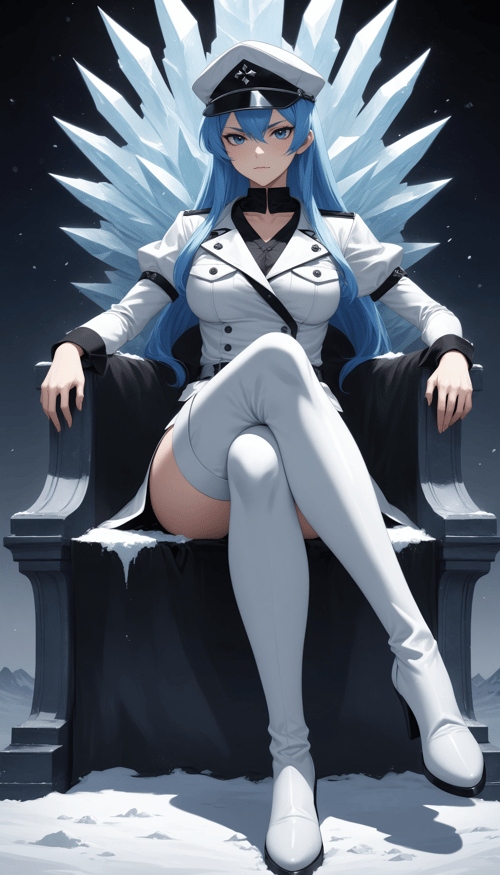 (masterpiece, best quality, very aesthetic, ultra detailed), intricate details,1girl, esdeath, akame ga kill!, blue eyes, blue hair, military uniform, hat, ice, sitting, sitting on throne, crossed legs, snow, white footwear, thigh boots,