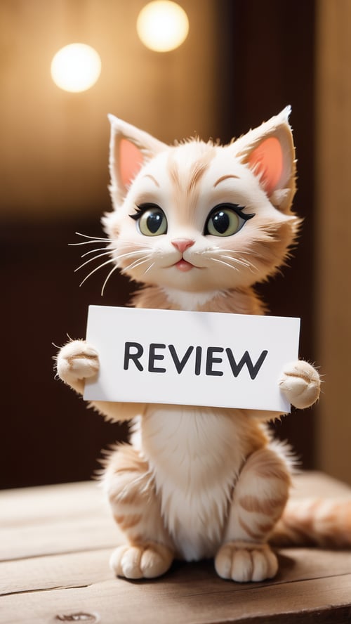 An analog raw photo of an anthropomorphic kitten, charming and lifelike, holding a 'Review' sign. Focus on natural allure with adorable, expressive features, blending kitten innocence and human-like awareness. Detail the fur, eyes, and posture meticulously. The 'Review' sign should match its playful character. Use soft lighting and a simple background to highlight the kitten and sign. Aim to engage viewers emotionally, portraying a unique, endearing narrative. Extremely real photo.
