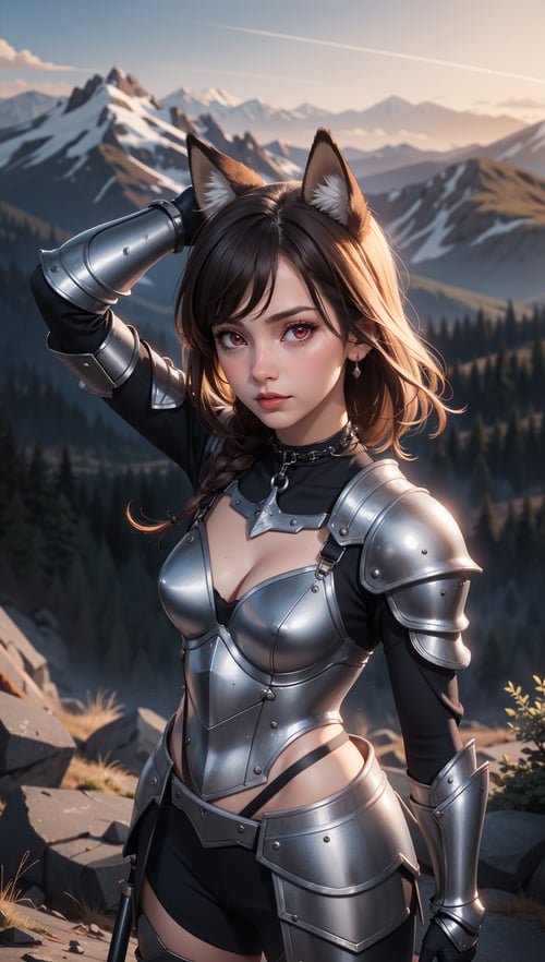 fox girl,solo,cowboy shot,transparent glowing weapon,from above,adjusting hair,small breasts,chain mail,full armor,choker,red eyes,looking at viewer,proud,game cg,cinematic angle,masterpiece,best quality,score_9,score_8_up,mountain landscape,