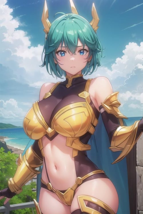 yulangmirage, <lora:yulang mirage-lora-nochekaiser:1>,yulang mirage, short hair, aqua eyes, aqua hair, hair between eyes,BREAK gloves, bare shoulders, elbow gloves, fingerless gloves, cape, armor, headgear, gold armor,BREAK outdoors, forest, nature, sun, sky, clouds,BREAK looking at viewer, (cowboy shot:1.5),BREAK <lyco:GoodHands-beta2:1>, (masterpiece:1.2), best quality, high resolution, unity 8k wallpaper, (illustration:0.8), (beautiful detailed eyes:1.6), extremely detailed face, perfect lighting, extremely detailed CG, (perfect hands, perfect anatomy),