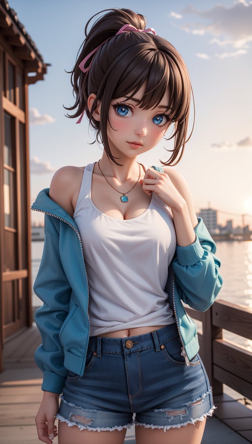 3d,3d background,1girl,bare shoulders,blue eyes,breasts,brown hair,hair ribbon,looking at viewer,necklace,ponytail,ribbon,shirt,multicolored jacket,skirt,shorts,pose,closed mouth,masterpiece,best quality,scenery,sunset,rose petals,