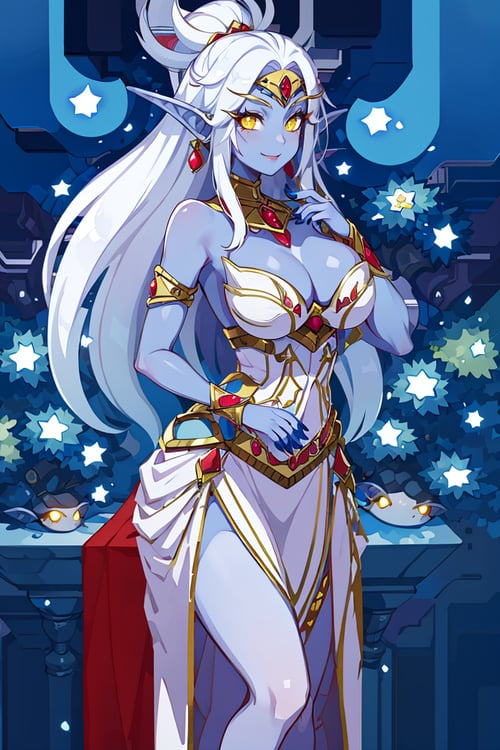 <lora:Harada_Takehito_Background_Dim32:0.8>,((masterpiece,best quality)),  1girl, perfect face, Azshara, elf ears, long ears, white hair, long hair, long brows, colored skin, blue skin, grey skin, yellow eyes, jewelry, white dress, <lora:Queen_Azshara_ElfWorld_of_Warcraft:0.8> solo, smiling, looking at viewer, cowboy shot,