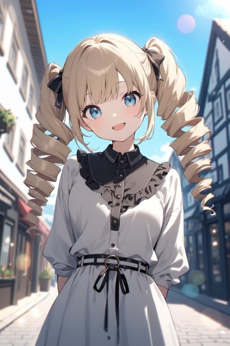 cute 1girl, pale-blonde hair, blue eyes,smile, (ringlets twintails), fashionable, trendy outfit, arms behind back, head tilt, looking at viewer, teenage, blue sky, lens flare, chromatic aberration, cowboy shot, open mouth smile, standing in a Scandinavian Towns,(depth of field:1.1), straight-on,masterpiece, best quality,