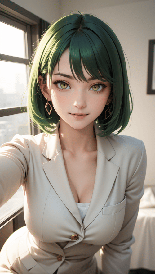 masterpiece, best quality, 1girl, beautiful girl, green hair, yellow eyes, suit, happy, looking at viewer