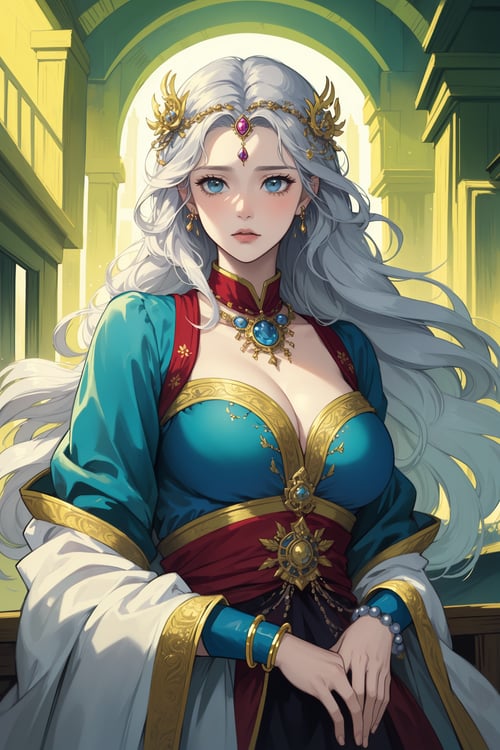 Positive prompt:(masterpiece,best quality,high quality:1.2), role-playing game (RPG) style fantasy lady, large breast,(bare sholder:1.1) . detailed, vibrant, immersive, reminiscent of high fantasy RPG games, bracelets, gray/silver, yoruba,sad,Dubai, beautiful, fantasy art, beautiful, artstation, trending on artstation, intricate details, alluring, masterpiece