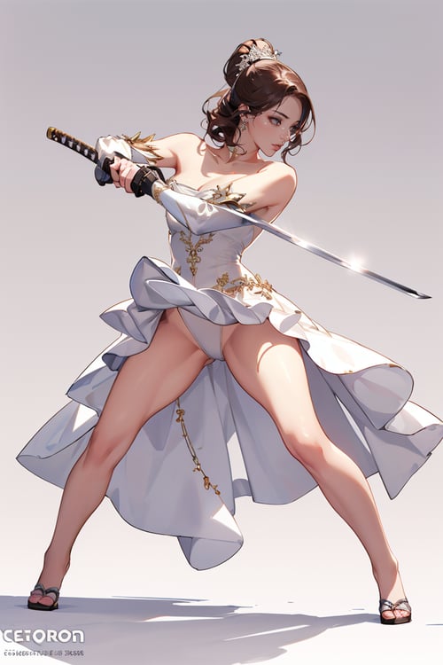 (masterpiece, best quality, 8k, RAW photo, beautiful and aesthetic:1.2),  complex detail, Indirect light, photorealistic,((woman:1.8)), full body,  1girl, solo, simple background,Illusion neckline wedding dress, <lora:FAPoses2_2:1>female action poses, holding sword, 