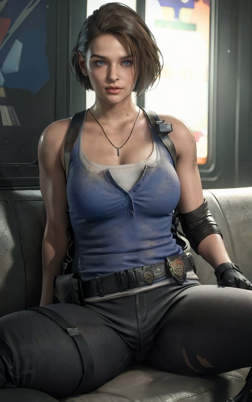 (masterpiece, best quality:1.4), insaneres, absurdres, solo, looking at viewer,BREAK GAME_ResidentEvil3Remake_JillValentine_ownwaifu, short hair, breasts, lips, brown hair, necklace, jill valentine, blue eyes, nose, dog tags, large breasts, collarbone, tank top, gloves, jewelry, fingerless gloves, pants, belt, holster, cleavage, shoulder holster, thigh holster, sleeveless, denim, pendant, bare shoulders, blue tank top, black pants, belt pouch, (sitting, spread legs), arms behind back, couch, window shade, indoors, <lora:GAME_ResidentEvil3Remake_JillValentine_ownwaifu:0.95> , depth of field 