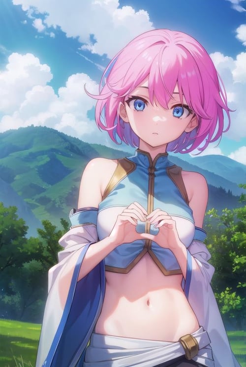 sillplain, <lora:sill plain-lora-nochekaiser:1>,sill plain, short hair, blue eyes, pink hair,BREAK navel, bare shoulders, detached sleeves, midriff, wide sleeves,BREAK outdoors, forest, nature, sun, sky, clouds,BREAK looking at viewer, (cowboy shot:1.5),BREAK <lyco:GoodHands-beta2:1>, (masterpiece:1.2), best quality, high resolution, unity 8k wallpaper, (illustration:0.8), (beautiful detailed eyes:1.6), extremely detailed face, perfect lighting, extremely detailed CG, (perfect hands, perfect anatomy),