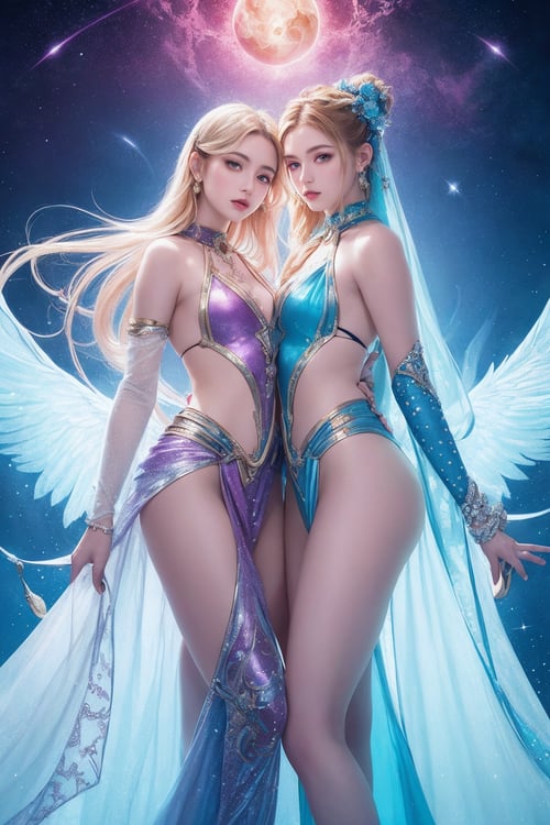 (Beautiful Gemini Girls),Gemini Zodiac Symbol,Photo,Highly Detailed,Astrology,Complex Lines,Celestial Theme,Colorful colors,Cinematic Lighting,Aesthetic,Inspired by Mythology,Symbolic,upper thighs shot,ethereal fantasy concept art,magnificent,celestial,ethereal,painterly,epic,majestic,magical,fantasy art,dreamy,