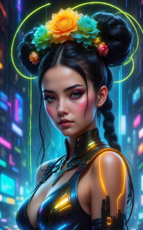 (best quality,8K,highres,masterpiece), ultra-detailed, (masterpiece, best quality, ultra-detailed:1.3), cyberpunk woman adorned with long black hair fashioned into space buns. In this ethereal scene, she embodies the role of the goddess of horticulture, surrounded by millions of microscopic, ultra-bright blue neon strings emanating from her form. composition showcases a stunningly beautiful backlit silhouette, intricately detailed and adorned with neon clouds, creating a mesmerizing and vivid blue color palette.