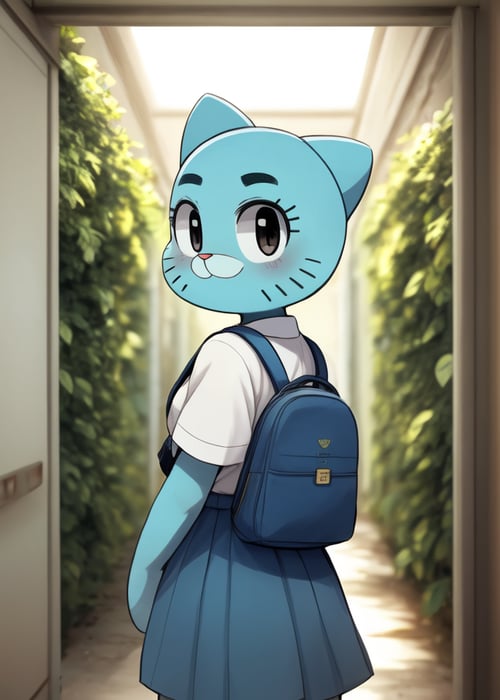 by Wadorigi, by Winte, the amazing world of gumball, (nicole watterson:1.25), toony, blue uniform, school bag, half-length portrait, looking at viewer, three-quarter view, BREAK, corridor, plant, asylum, sunlight, depth of field, blurred background, ivy \(plant\), masterpiece, best quality, ultra realistic, 4k, 2k, film photography, RAW photo, photorealistic, analog style, subsurface scattering, photorealism, absurd res