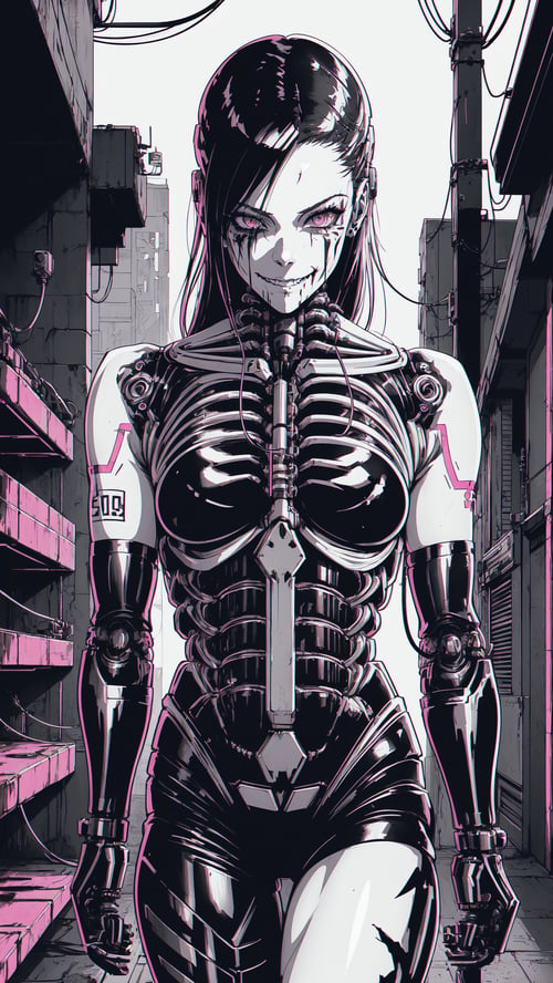 1girl,walk,skeleton,evil smile, gloss, shiny skin, body writing, blood, monochrome, cyberpunk,(chromatic aberration), outdoors, detailed background, cable","wallpaper, 1boy, solo, male focus, tattoo, monochrome, cyberpunk, (chromatic aberration), detailed background, mechanical parts, cable, indoors