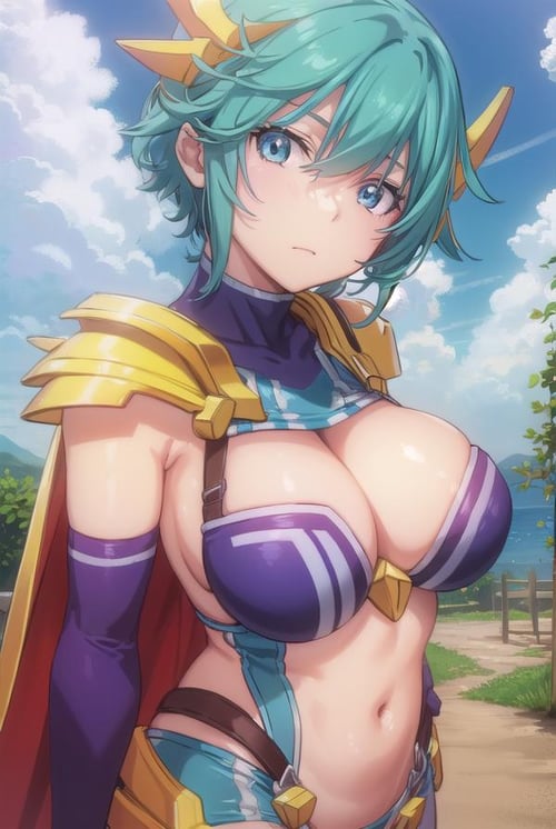 yulangmirage, <lora:yulang mirage-lora-nochekaiser:1>,yulang mirage, short hair, aqua eyes, aqua hair, hair between eyes,BREAK gloves, bare shoulders, elbow gloves, fingerless gloves, cape, armor, headgear, gold armor,BREAK outdoors, forest, nature, sun, sky, clouds,BREAK looking at viewer, (cowboy shot:1.5),BREAK <lyco:GoodHands-beta2:1>, (masterpiece:1.2), best quality, high resolution, unity 8k wallpaper, (illustration:0.8), (beautiful detailed eyes:1.6), extremely detailed face, perfect lighting, extremely detailed CG, (perfect hands, perfect anatomy),