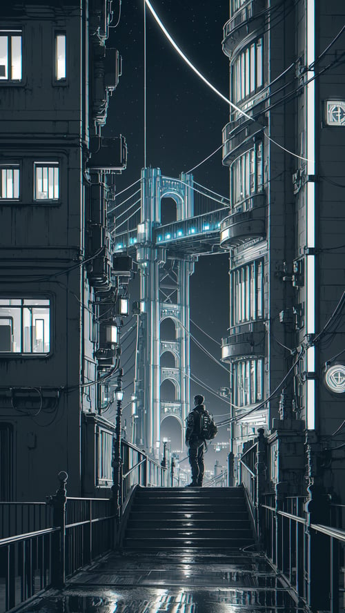 masterpiece, official art, Wave Art Style, (masterpiece, best quality, ultra-detailed, highres), bridge, building, chimney, cloud, fantasy, house, night, night sky, no humans, outdoors, scenery, sky, stairs, star , (sky), starry sky,  tree, high detailed, 8k, outrun, electric light wires, ultra sharp, extremely detailed, Photorealistic","wallpaper, 1boy, solo, male focus, tattoo, monochrome, cyberpunk, (chromatic aberration), detailed background, mechanical parts, cable, indoors