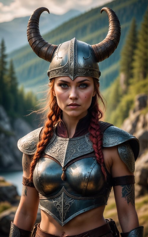 (best quality, 4k, 8k, highres, masterpiece:1.2), ultra-detailed, realistic, photorealistic, (a fierce viking warrior with a fierce expression, wearing leather armor and a horned helmet), beautiful detailed eyes, beautiful detailed lips, extremely detailed eyes and face, warrior attitude, grim and strong appearance, strong and muscular build, standing confidently in a dramatic pose, holding a battle axe raised high, brandishing an intimidating sword, powerful presence, strong and determined facial expression, scars and battle wounds on her face, viking-inspired tattoos covering her arms and body, a tattoo of a dragon on her neck, cinematic lighting and composition, dramatic shadows and highlights, photorealistic textures and details, realistic and vibrant colors, vivid backgrounds and landscapes, highly detailed hair and braid styles, masterpiece quality and resolution, powerful and cinematic atmosphere, creating a sense of awe and intimidation