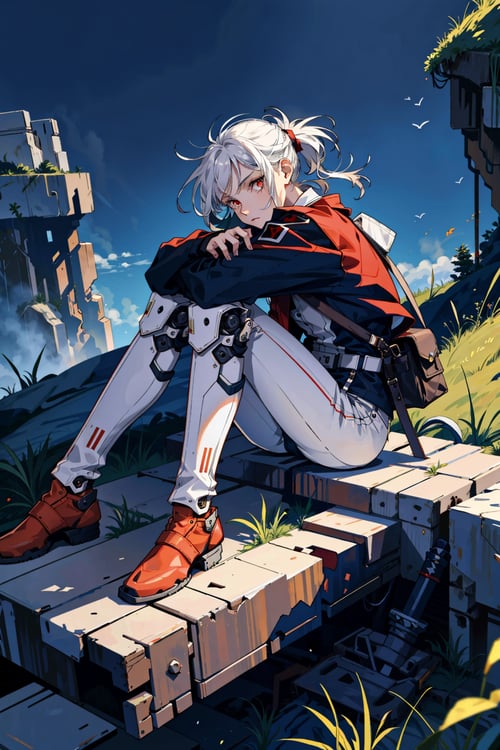 cliff, sitting on cliffside, white hair, red eyes, ponytail, hugging own legs, grass, from above, looking at viewer, from behind, jacket, boots trousers, bag, sword in hilt, campfire, mechanical legs, mechanical arms, mechanical feet
