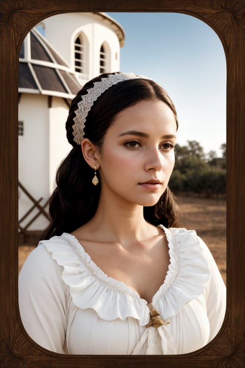 Wide angle digital minimalist art, (South African Historical Regency Era Woman:1.3), Symmetrical composition, Delicate features, Elegant attire, (Petite frame:1.2), Dark brown hair, Regal allure, Content expression, Calm demeanor, (Minimalistic rustic windmills:1.2), Subtle details, Ethereal atmosphere, Warm lighting