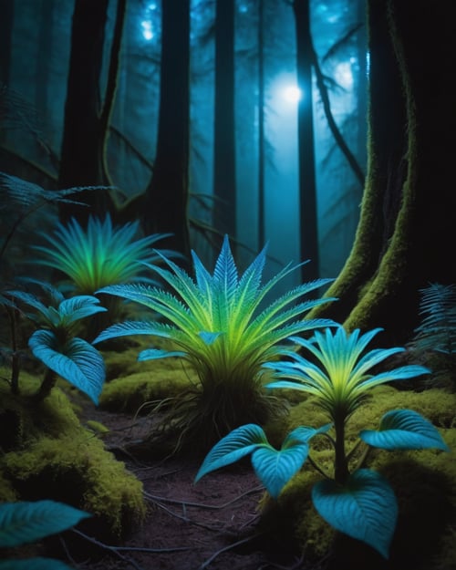 sci-fi movie still frame, the subject is an otherworldly forest on an alien planet, lush, mysterious, bioluminescent, serene, digital mirrorless camera, capturing the vibrant colors and unique textures of the extraterrestrial flora, macro lens, allowing for detailed close-ups of the alien plant life, twilight, with the bioluminescent plants casting an ethereal glow, allowing for vivid color reproduction, The realism level is balanced, The best type of lighting for this subject is ambient bioluminescent light, creating a magical and immersive atmosphere. intricate details of the alien flora.,<lora:detamodel3:1>