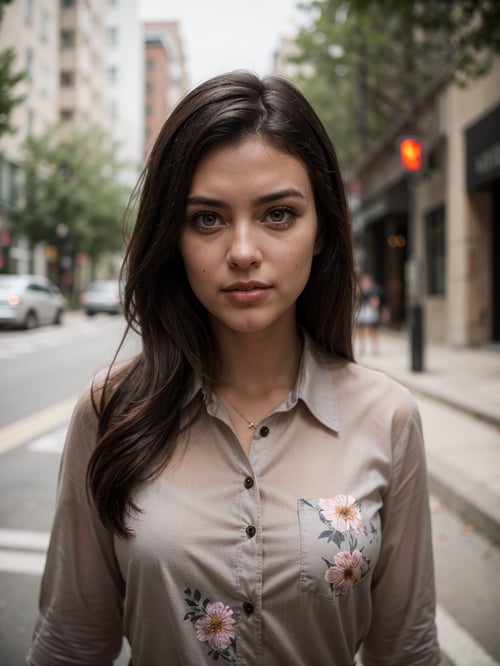 Portrait of a beautiful woman with dark hair, gray eyes, open floral Shirt, on the street.
