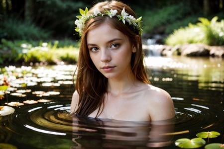 forest lily pond, ginger woman relaxing in water, nervous expression, upper body portrait, sheer white cloth, natural, flower crown, eyes contact, scenic, summer, shallow depth of field, vignette, highly detailed, high budget Hollywood film, bokeh, cinemascope, moody, epic, gorgeous, film grain