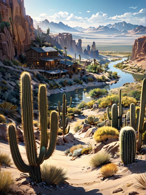 In the image of (((western America during the gold rush))), there is one village in the middle of the wilderness., Large cacti are growing and a dry wind is blowing., The wilderness spreads out around the village.