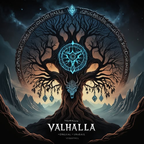 Epic artwork vector logo ,insane details odin hanging on yggdrasil, glowing runes, valhalla, text"valhalla"