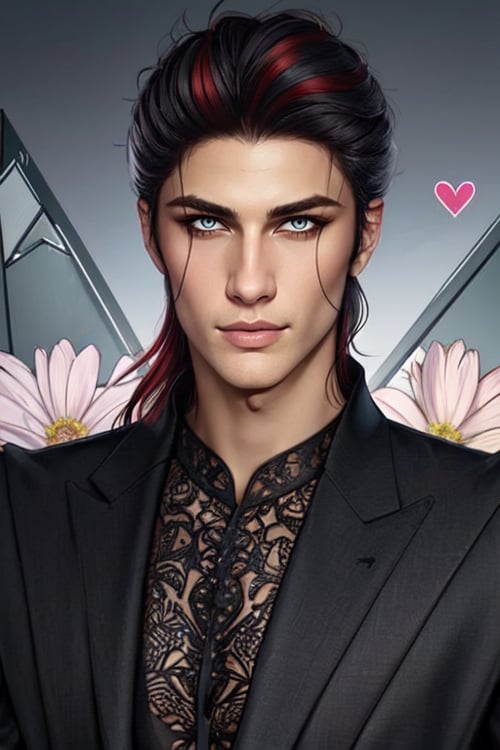 Typographic art 1male, black red hair,light grey eyes, thin face,  triangle flowers background   <lora:astaroth:0.6>    . Stylized, intricate, detailed, artistic, text-based