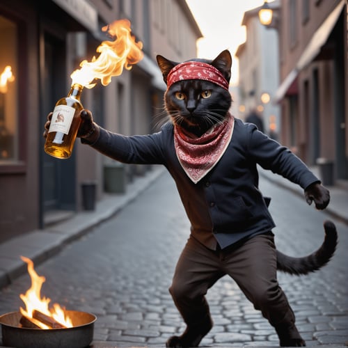 cinematic film still cute anthro  protest cat cat in a  street riot throwing a burning bottle with a lid  ,  he is wearing a bandana, angry, high quality photography, 3 point lighting, flash with softbox, 4k, Canon EOS R3, hdr, smooth, sharp focus, high resolution, award winning photo, 80mm, f2.8, bokeh . shallow depth of field, vignette, highly detailed, high budget, bokeh, cinemascope, moody, epic, gorgeous, film grain, grainy