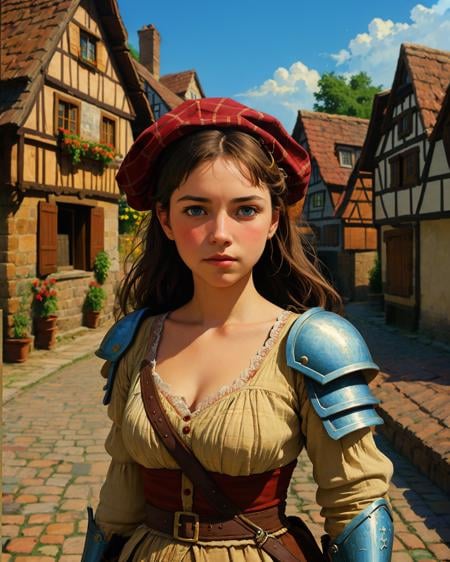 best quality,masterpiece,highly detailed,ultra-detailed, <lora:neg4all_bdsqlsz_V3.5:-1>,1girl, (Pauldrons),An armor made of shoulder armor (medieval  Germany village market), <lora:de-anime-er_v10:-0.2>  <lora:German_architecture_last:1> <lora:medieval_last:1> <lora:Flat_Design_last:1>  <lora:disarrayhair_last:2> <lora:soft_last:0.75>, extremely detailed eyes, fantastic details full face, mouth, trending on artstation, pixiv, cgsociety, hyperdetailed Unreal Engine 4k 8k ultra HD,, Portrait Photography Style, expressive, emotive, intimate, by Annie Leibovitz, Richard Avedon, Steve McCurry