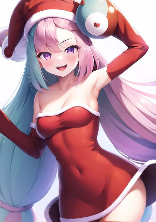 <lora:Iono:0.8>,iono, 1girl, long hair, breasts, looking at viewer, smile, open mouth, bangs, hair ornament, hat, dress, bare shoulders, twintails, very long hair, purple eyes, pink hair, pantyhose, multicolored hair, small breasts, detached sleeves, one eye closed, teeth, alternate costume, armpits, arms up, two-tone hair, fur trim, pokemon (creature), strapless, red dress, ;d, sharp teeth, christmas, strapless dress, red headwear, santa hat, santa costume, fur-trimmed dress, red sleeves, bow-shaped hair, santa dress, character hair ornament