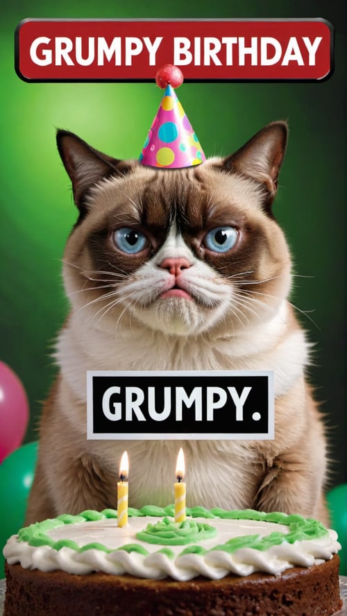 photo of grumpy cat in matrix with a sign saying "grumpy birthday" 