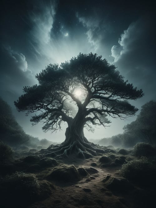 The moonlight shines down upon it, bringing with it swirling magical lights, the forbidden tree : RAW photo, dslr, film grain, Fujifilm XT3, low-key, atmospheric haze, cinematic still, dynamic lighting, moody, OverallDetail  <lora:MysticVision_XL_fp16:1>