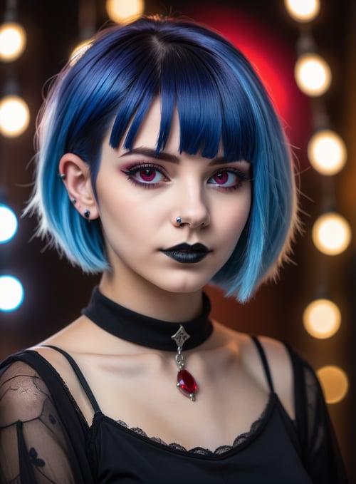 face portrait of a 20 years old woman , gothic short blue hair, ruby piercing, high quality photography, 3 point lighting, flash with softbox, 4k, Canon EOS R3, hdr, smooth, sharp focus, high resolution, award winning photo, 80mm, f2.8, bokeh