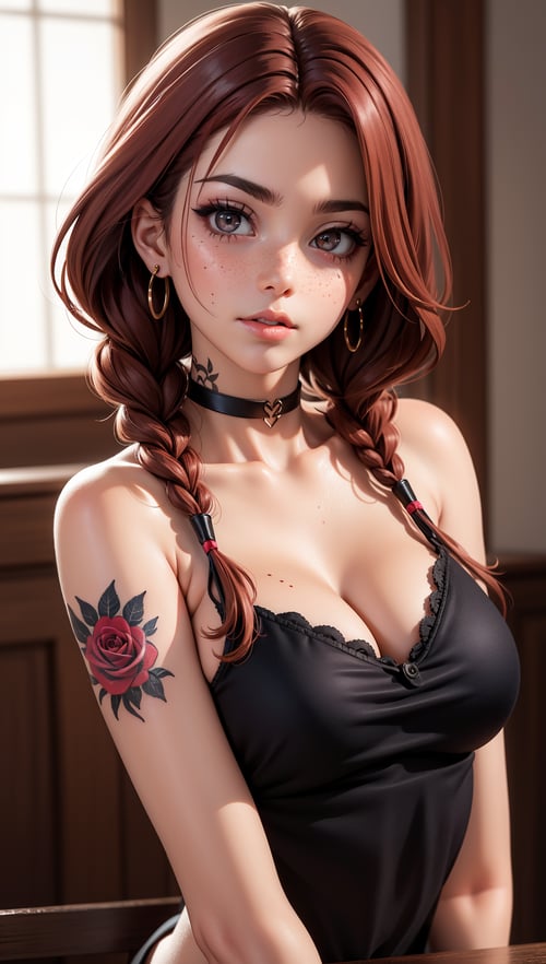 highest quality,woman,27 year old,backlighting,black choker,blurry background,blush,closed mouth,collarbone,earrings,forehead,freckles,hair over shoulder,jewelry,long hair,looking down,pointy nose,lips glossy,shadow,solo,thick eyebrows,thick eyelashes,upper body,red hair,braids,tattoos,tattoos on arms,black rose tattoos on neck,sun beams,warm light,cozy,((masterpiece)),