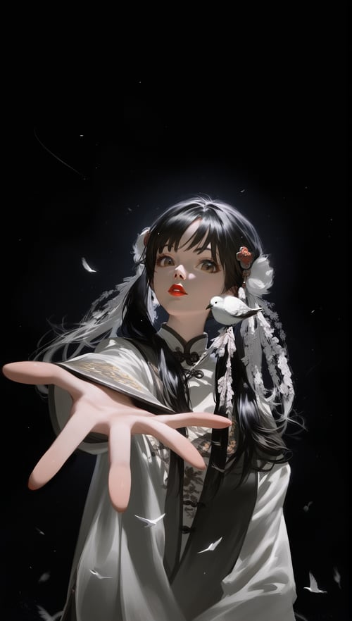 score_9_up,score_8_up,1girl,solo,black hair,long hair,outstretched hand,reaching towards viewer,looking at viewer,bangs,bird,upper body,long sleeves,chinese clothes,lips,twintails,black background,outstretched arm,reaching,black eyes,realistic,red lips,brown eyes,hair ornament,balck background