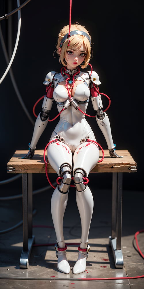 ((Full front body shot)),(best quality),((an extremely delicate and beautiful)),((Chest covered)),cinematic light,(1mechanical girl),solo,((upper torso hanging by wires)),((Hanging by wires and tubes)),(machine made joints:1.2),((mechanical limbs)),(blood vessels connected to tubes),(mechanical vertebra attaching to back),((mechanical cervical attaching to neck)),(sitting),(chest covered),(wires and cables attaching to neck:1.2),(wires and cables on head:1.2),(character focus),science fiction,