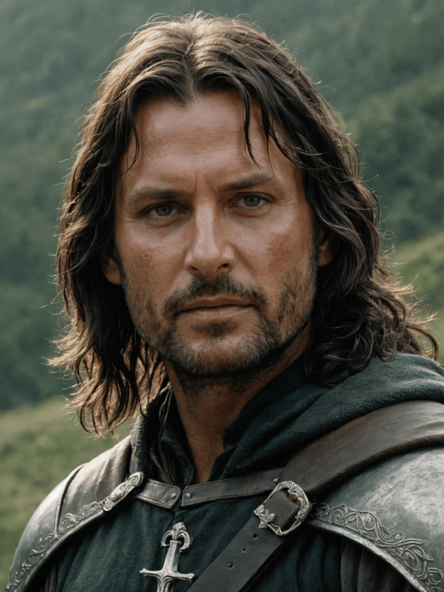 photo of the warrior Aragorn from Lord of the Rings, film grain, cinematic film still, 8k hd, portrait