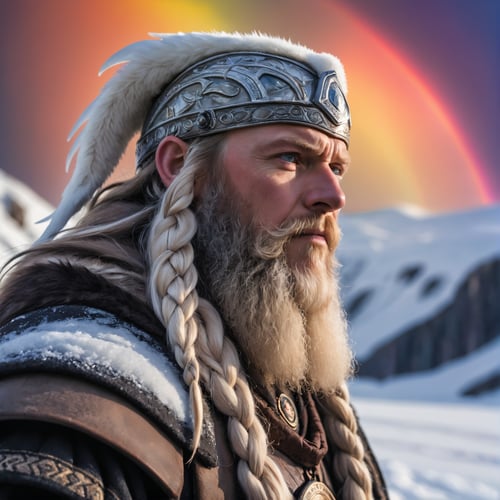 Epic Closeup photo of Odin in an ice landscape, an rainbow is in the background, high quality photography, 3 point lighting, flash with softbox, 4k, Canon EOS R3, hdr, smooth, sharp focus, high resolution, award winning photo, 80mm, f2.8, bokeh
