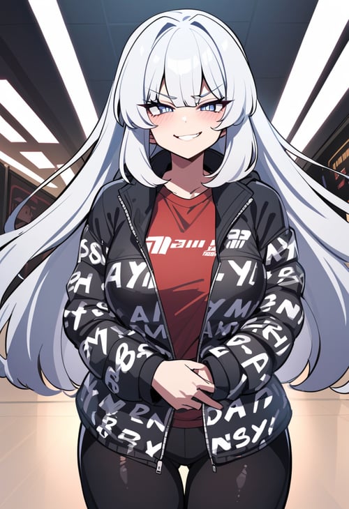 <lora:attire_dripjacket_xl-000004:1> masterpiece, best quality, rating: general, newest, (art by hinghoi:0.5), solo, 1girl, smug, smirk, looking at viewer, own hands together, long hair, white hair, blue eyes, dripjacket, black pants