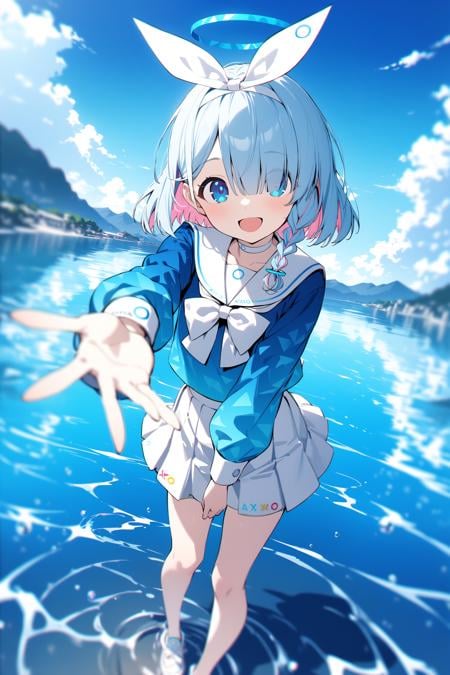 1girl,arona \(blue archive\),blue eyes,colored inner hair,blue hair,smile,open mouth,looking at viewer,bow hairband,blue sailor collar,white pleated skirt,braid,choker,halo,white sailor collar,serafuku,shirt bow,long sleeves,blue school uniform,blue sky,standing on water's surface,(Magnificent view:1.4),chromatic aberration,blurry,(depth of field:1.1),perspective,masterpiece,best quality,