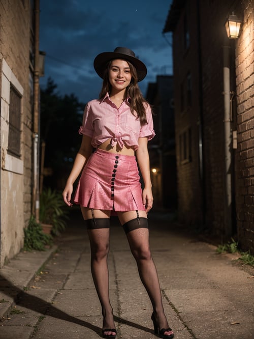 (Extremely Detailed gorgeous, smiling photo of a 20-year-old girl dressed in a magenta unbuttoned shirt, a short skirt, black fishnet stockings, woven slides and a straw fedora hat. She poses in a nighttime back alley, the clothes accentuate her figure.